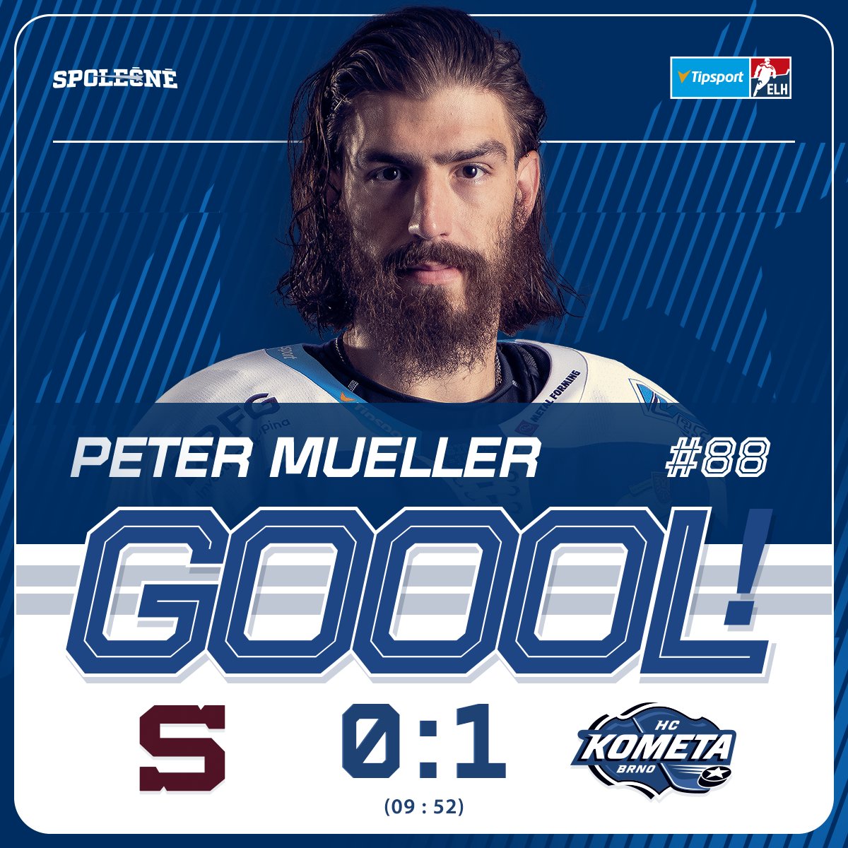 HCKometa's tweet photo. ⏰09:52 | GÓÓÓÓÓÓÓÓL! 🚨 

V Praze otevíráme skóre utkání! Martin Zaťovič našel perfektně za zády pražské obrany najetého PETERA MUELLERA a brněnský kanonýr se nemýlil! 💥

#SPAvKOM 0:1 #TELH https://t.co/vPzaqP4HnY
