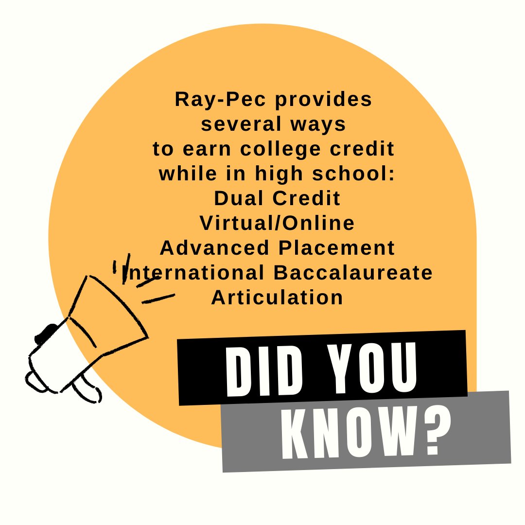 raypecschools's tweet photo. Ray-Pec provides several ways for students to earn college credit while in high school: Dual Credit/Dual Enrollment; Online/Virtual; Advanced Placement; International Baccalaureate; &amp; Articulation. Read more: https://t.co/w5yuyVbAyi #raypec 
#aschoolofchoiceRP https://t.co/dnGd13CAn4