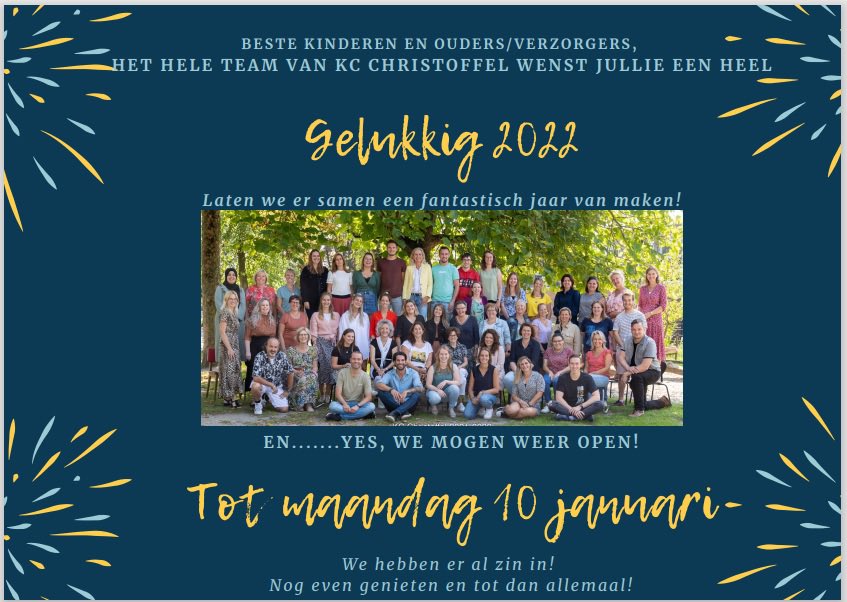 Natuurlijk wensen wij iedereen alle goeds voor 2022 en in het bijzonder onze kinderen, ouders/verzorgers! Zo blij dat we 10 januari onze deuren weer mogen openen. Welkom!