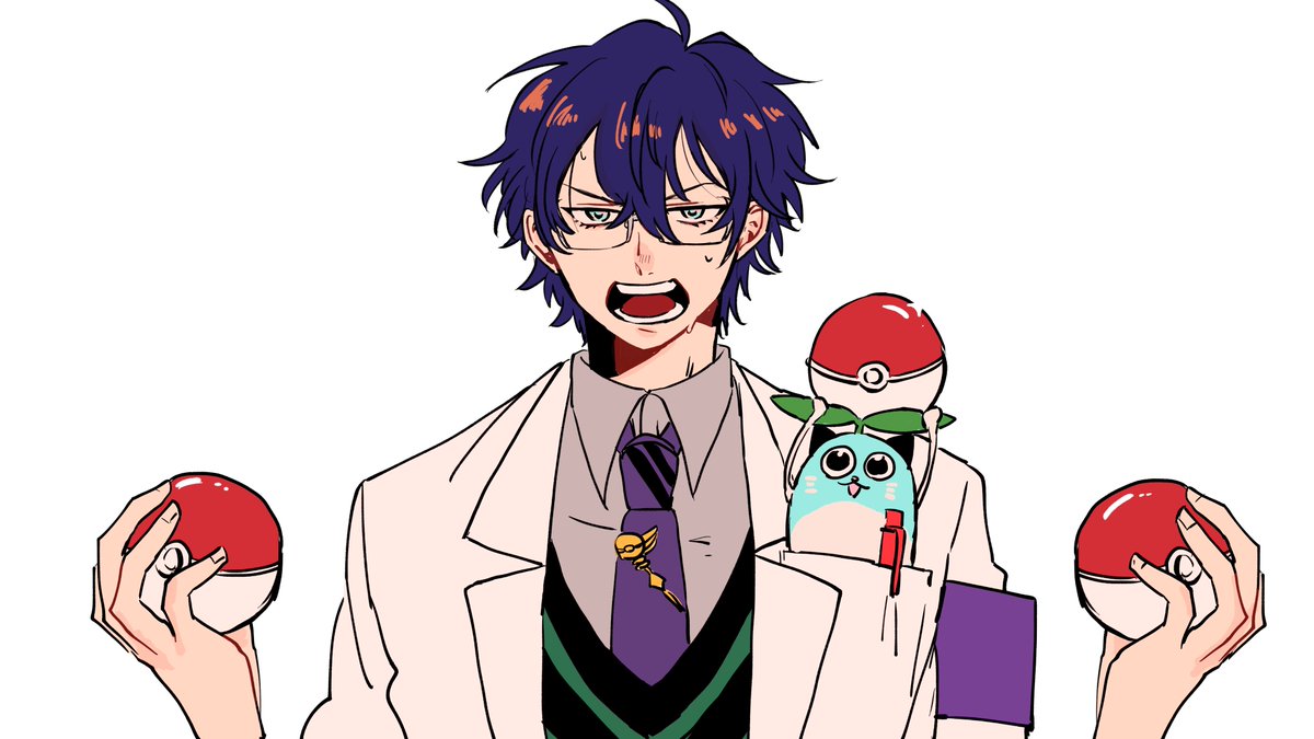 1boy poke ball poke ball (basic) purple necktie male focus holding pokemon (creature)  illustration images