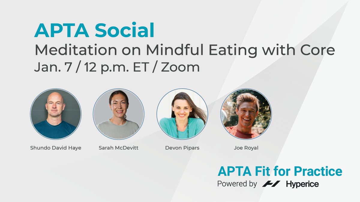 APTA_official's tweet photo. Join our panel as they explore meditation techniques and how you can use meditation practices to focus on mindful eating. Youโll be taken on a guided meditation exercise and have an opportunity to ask the instructors questions. https://t.co/qH2cUQZ1yu #APTAFitforPractice https://t.co/Tc3oYpVsBa
