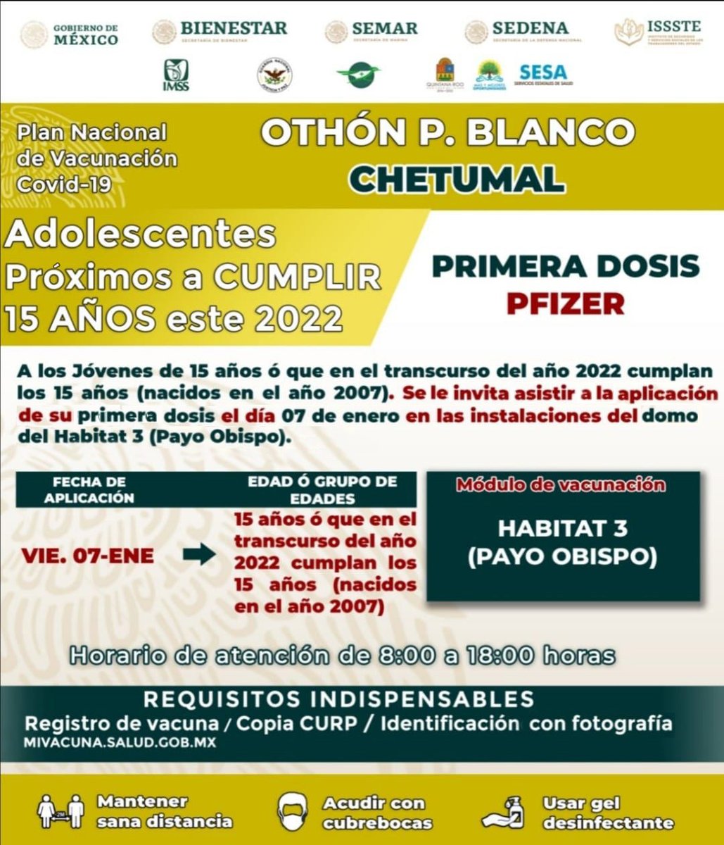 En #Chetumal se aplicará la primera dosis Pfizer a jóvenes que cumplan 15 años este 2022. La cita es el 7 de enero en el módulo de vacunación Habitat 3 (Payo Obispo), de 8 a.m. a 6 p.m. #PonteVIVO <a href="/SESA_QROO/">SESA Quintana Roo</a>
