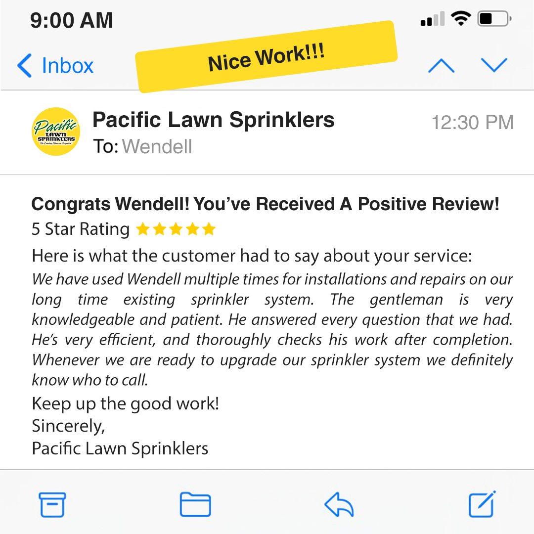 Shout out to our technician Wendell in Florida for this awesome review! 💪 Keep up the great work! 💦

#PacificLawnSprinklers #sprinklersystem #Pacific #YellowTrucks #Irrigation #sprinklerrepair #newhomeowner #lawnsprinklers #lawnsprinklerinstallation #PacificTeam