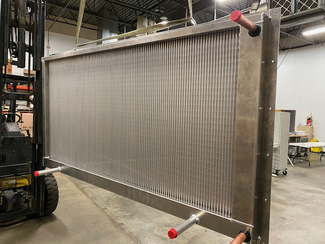 Veotec's tweet photo. 8 of these 48” x 106” Veotec SEFH fluid heated anti-icing louver panels will be installed in a large North Dakota AHU to remove inlet snow and ice while heating the incoming air. 25F air temp rise minimizes stratification &amp; protects enthalpy energy recovery wheels (ERW’s). https://t.co/ZNBxvBrsK0