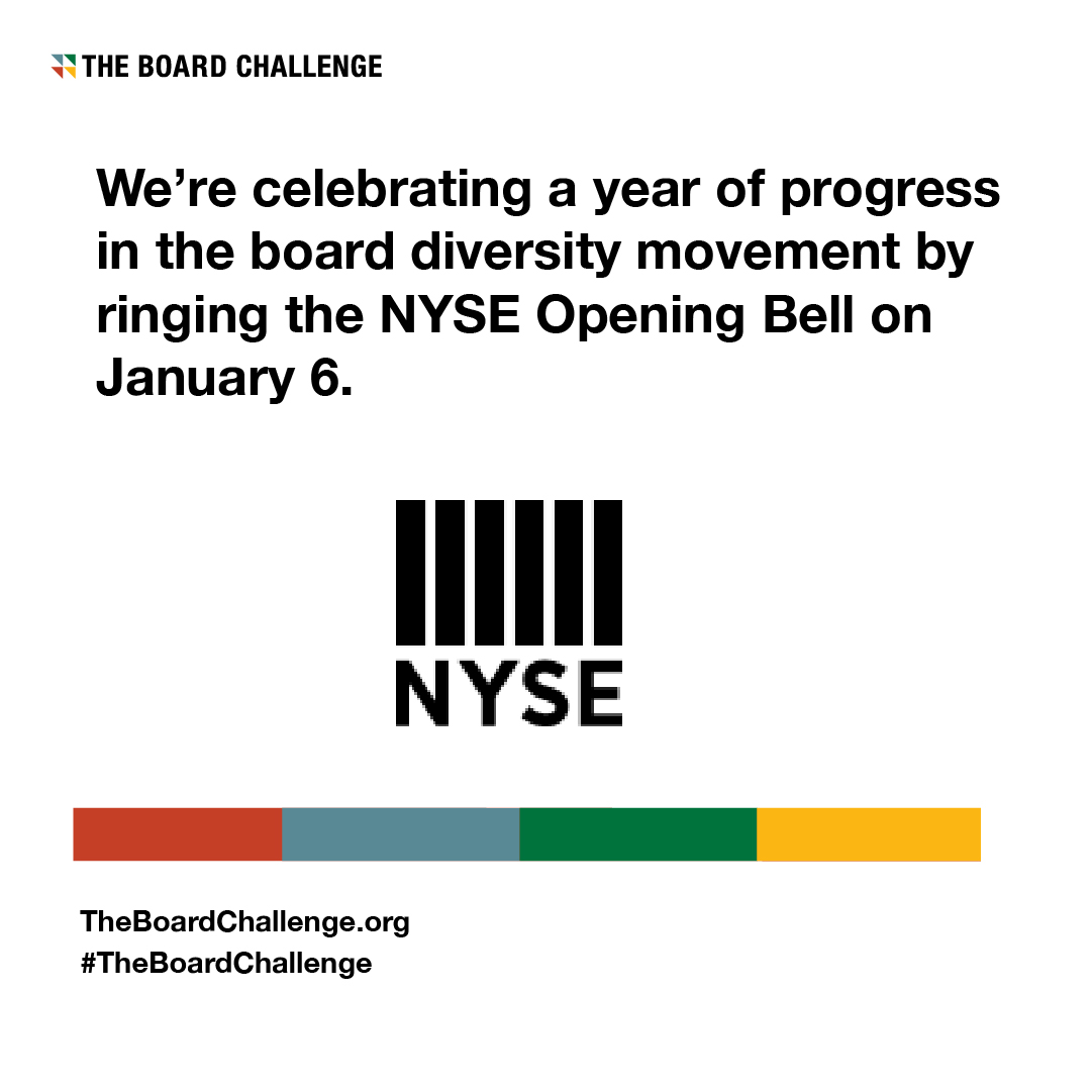 boardchallenge_'s tweet photo. We’re excited to be ringing the @NYSE opening bell on Jan. 6 at 9:29 AM EST! Join us as we celebrate a year of accelerating change and progress in the board diversity movement. 
Tune in here: https://t.co/s9IoIZPhZY https://t.co/WqTuLH6dQ6