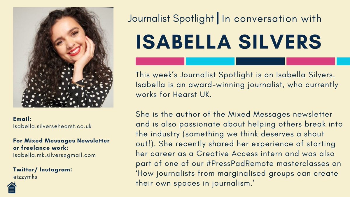 PressPadUK's tweet photo. This week’s #JournalistSpotlight is on award-winning journalist @izzymks who works for @HearstUK and is also the author of @mixedmsgsletter. She also hosted a #PressPadRemote masterclass on creating your own spaces in journalism🔥
Watch it in full here: https://t.co/obgNM9Owww https://t.co/fJShI4X9dl