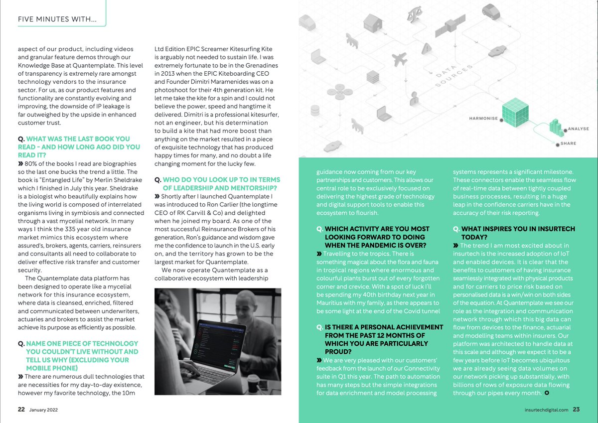 Quantemplate's tweet photo. This month, @InsurTechD Magazine features a wide-ranging interview with Quantemplate co-founder Adrian Rands. He discusses personal inspirations, the best piece of advice he ever received, and some unforgettable kite-surfing 🪁

Article on page 20 ➡️📖

https://t.co/PJbl36sn2b https://t.co/6ZkXkwKfzU