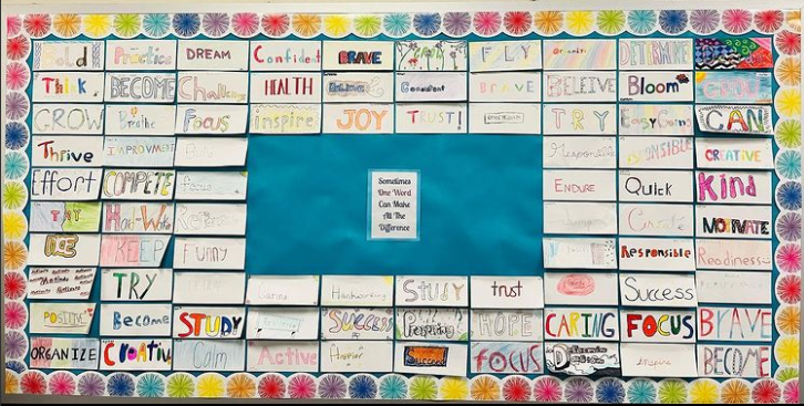 DReyesEdu's tweet photo. Ss brainstormed some #Oneword2022 goals using @AnswerGarden. The more a word is added, the more the garden grows! These will be posted on the wall next to their original #WordArt creations from this year. See my neighbor's board for inspo.😍On the back, they write a SMART goal. https://t.co/XcdtPx4PLY