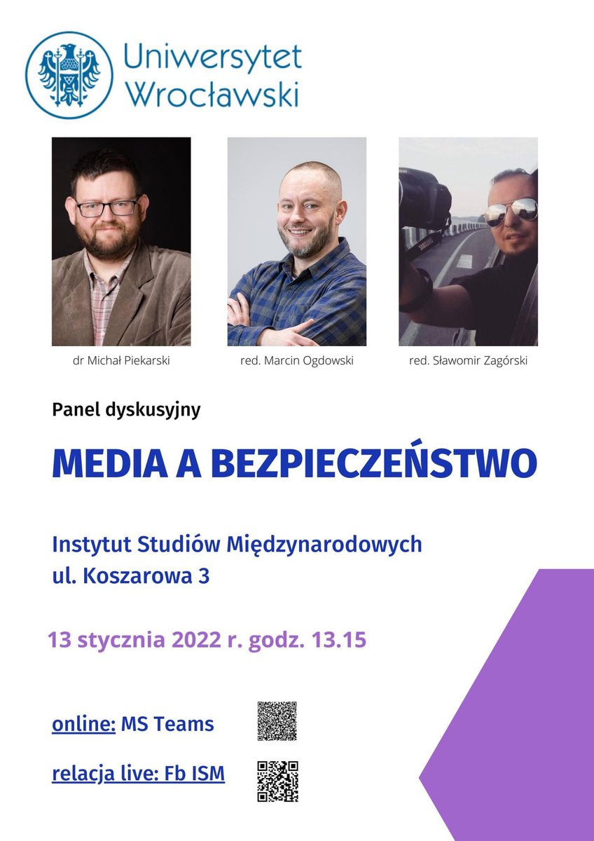 13 stycznia - na łączach @wnsuwr odbędzie się panel „Media a bezpieczeństwo”. Z Marcinem Ogdowskim i @SlavkoZagorski rozmawiać będziemy o mediach, bezpieczeństwie, w tym wojnach hybrydowych i sytuacji na granicy. Zapraszam :) detale w poście poniżej 1/2