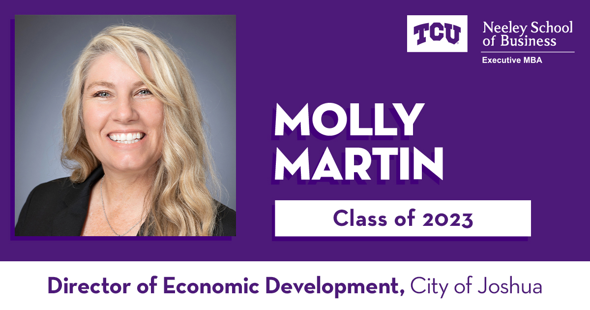 TCUEMBA's tweet photo. We ain’t joshin’: Molly Martin, ’23 is the new director of economic development in the City of Joshua, TX, moving from the City of Keene. #FrogOnTheMove https://t.co/eYV49qKvO6