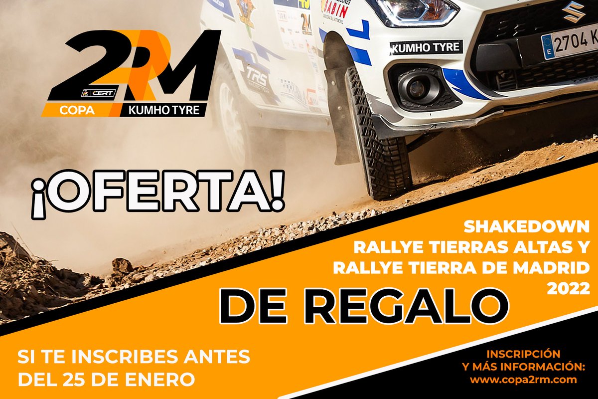 🟠⚫️ OFERTA inscripción en la Copa 2RM antes del 25 de enero 

Regalamos 🎁 shakedown del <a href="/RTierrasAltas/">Rallye Tierras Altas de Lorca</a> y del Rallye Tierra de Madrid 2022 a todos los equipos que se inscriban en la Copa 2RM antes del 25 de enero.

Toda la info en ⏬⏬⏬
copa2rm.com/2022/01/04/ofe…