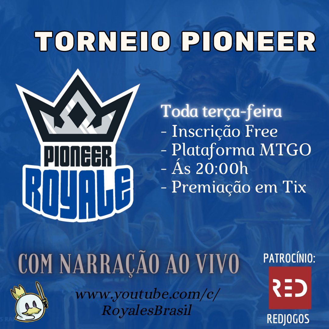 Terça-feira é dia de Pioneer Royale 
Torneio Free ás 20:00 h 
Inscrição: mtg.cardsrealm.com/tournament/1jp…
narração ao vivo com @MagicAlternati1 e <a href="/tiagofuguete/">Tiago Fuguete</a>  pelo YouTube: bit.ly/3mSHKtB