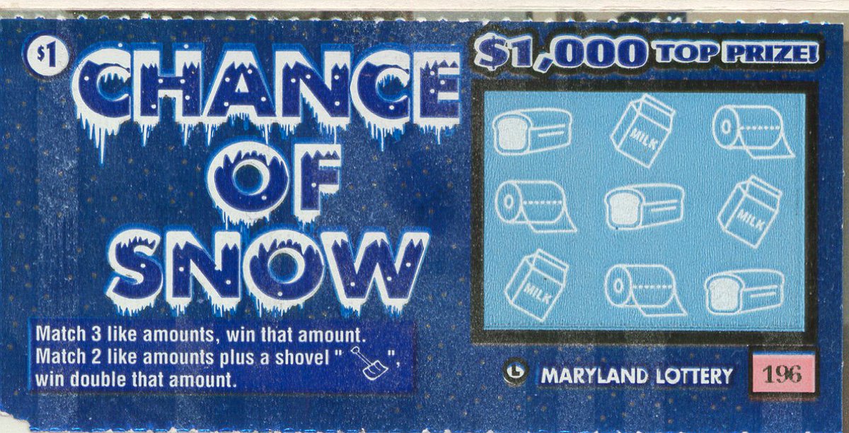 buddhake's tweet photo. Stay safe, friends in the DC metro area. Snow can be tough, and made me remember this great @MDLottery ticket from the 90s commemorating the trend to raid the stores of TP, bread and milk before a snowstorm. #chanceofsnow https://t.co/9R5xD6isiW