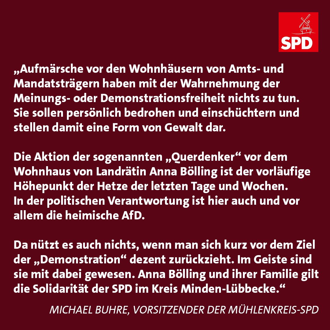 spdmilk's tweet photo. Am Montag ist eine Gruppe von Querdenkern vor dem Haus der Minden-Lübbecker Landrätin Anna Katharina Bölling aufmarschiert. Zum Einschüchterungsversuch von Seiten der Querdenkern erklärt der Vorsitzende der Mühlenkreis-SPD Michael Buhre..

#Querdenker #MindenLübbecke https://t.co/YIMfP8FkLC