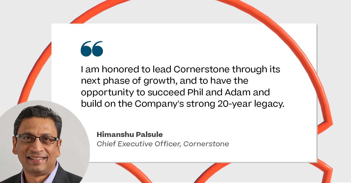#NEWS: Today, we announced that Himanshu Palsule has joined Cornerstone as CEO, bringing 35+ years of software industry leadership to the company. Former CEO Phil Saunders will join Founder Adam Miller as senior advisors. Read all about it: 
csod.info/3qO01th