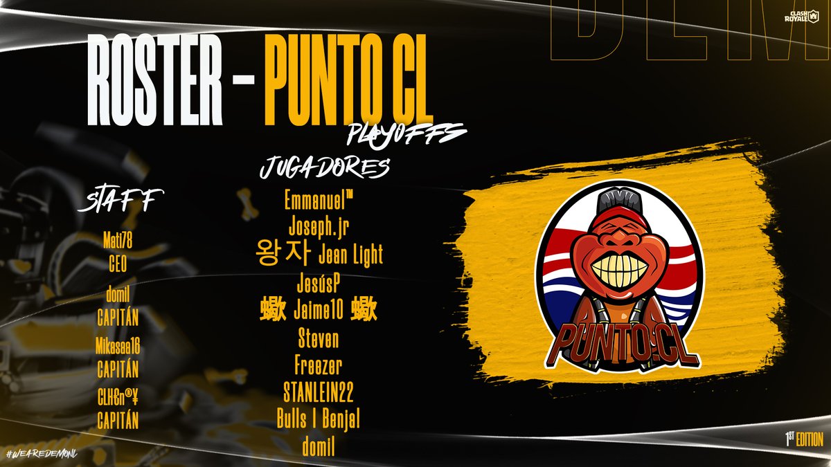 demon_leagueGG's tweet photo. #ClashRoyale | 🛑Presentación🛑
Comenzamos con los Playoffs y presentamos al roster del equipo @PuntoCL_eSp que estará participando en esta fase. Nos esperan unas batallas muy reñidas =)
Apoya a #PuntoCL en los comentarios 👇
#WeAreDemon https://t.co/hMzjbukk12