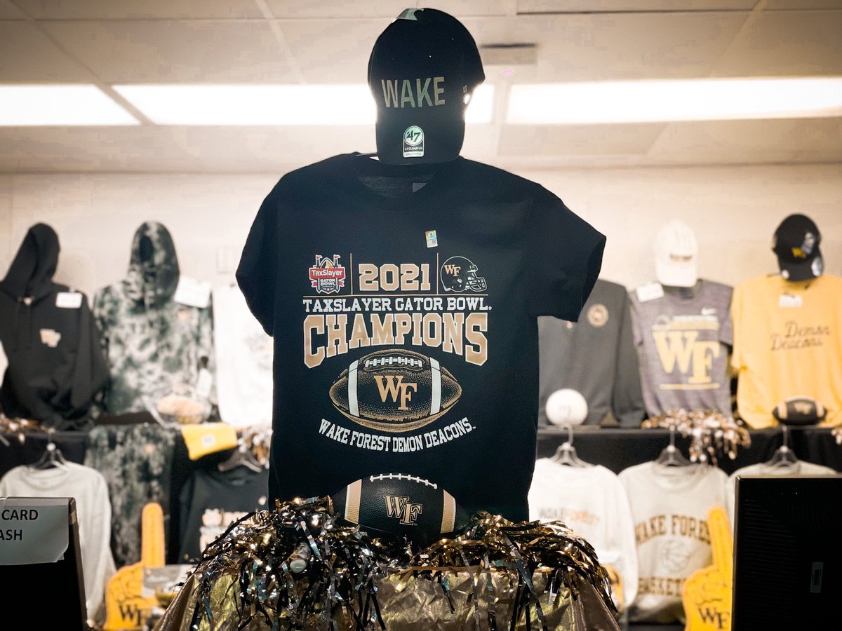 DeaconStyle's tweet photo. Gator Bowl Champs gear is now available at The Deacon Shop. Get yours tonight at @WakeMBB or visit https://t.co/pdzd7Ft3yX!

#GoDeacs🎩 https://t.co/nb8dvlRhmX