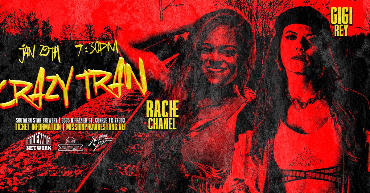 MissionProWres's tweet photo. 🚂 MATCH ANNOUNCEMENT 🚂
Rache Chanel @RacheChanel vs. @gigiwrestling at #MPWCrazyTrain on JAN 29th!
Location: @SouthernStarBC
Conroe, TX 🔔 - 7:30 pm CST
🎟: https://t.co/72DaD6HHxJ
🖥: https://t.co/mrJxbzRqjk
#MissionProWrestling #MissionPro #WomensWrestling #Wrestling https://t.co/kK0KxLAO03