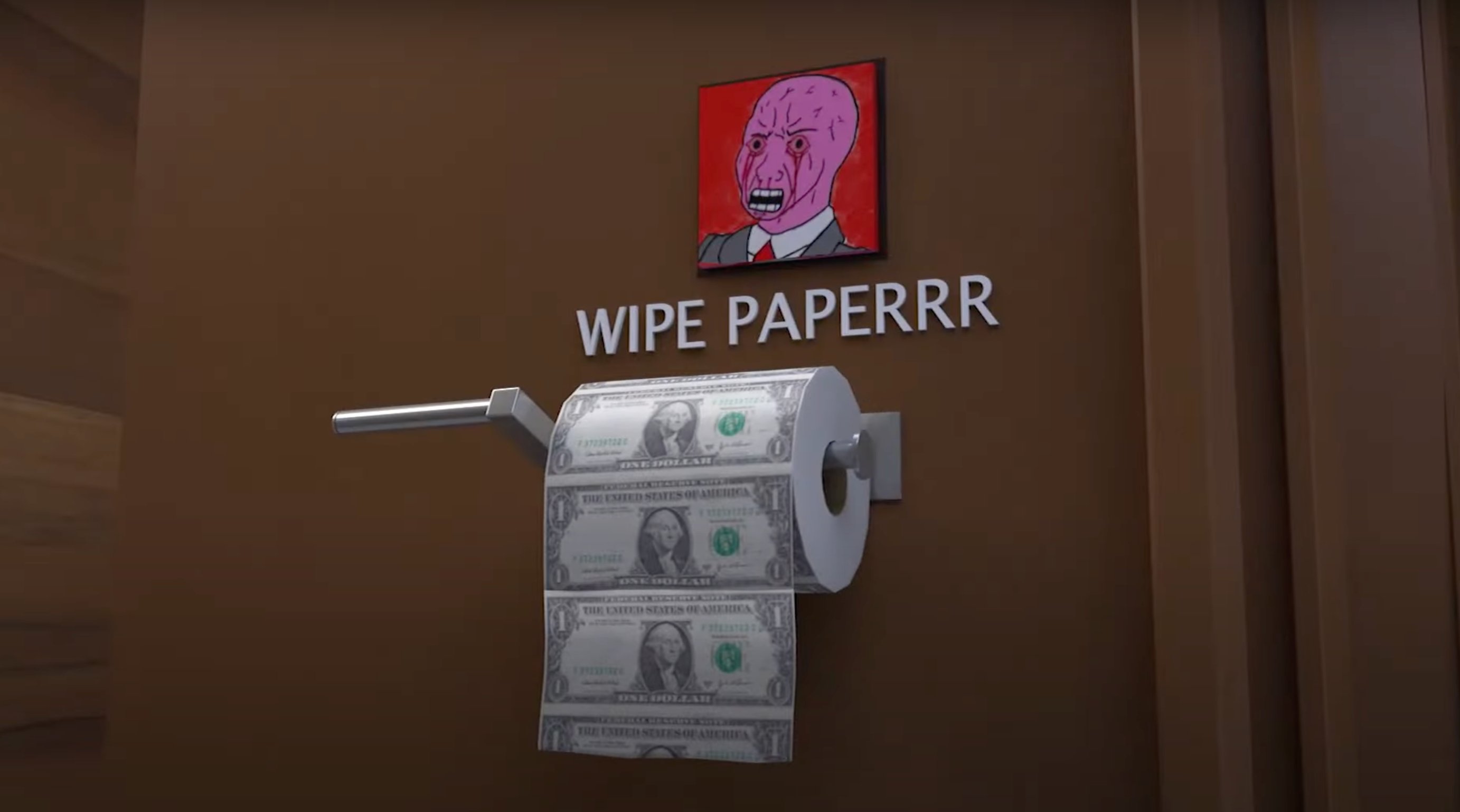 A crying meme face is above a toilet roll that says 'WIPE PAPERRR' above it. The toilet paper is dollar bills.