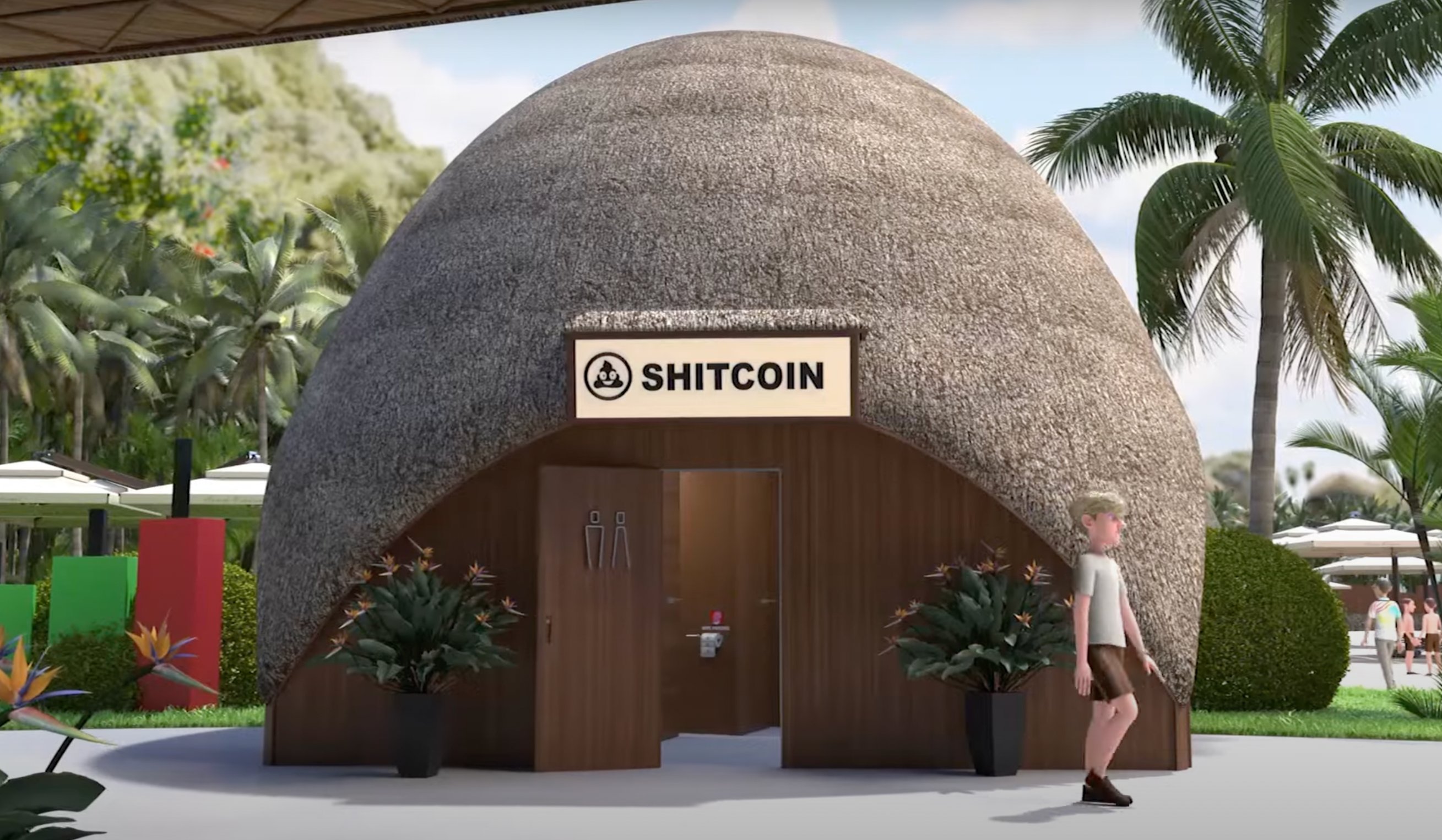 A hut with a rounded top and a door with toilet symbols on it has the sign over the entrance saying 'Shitcoin'