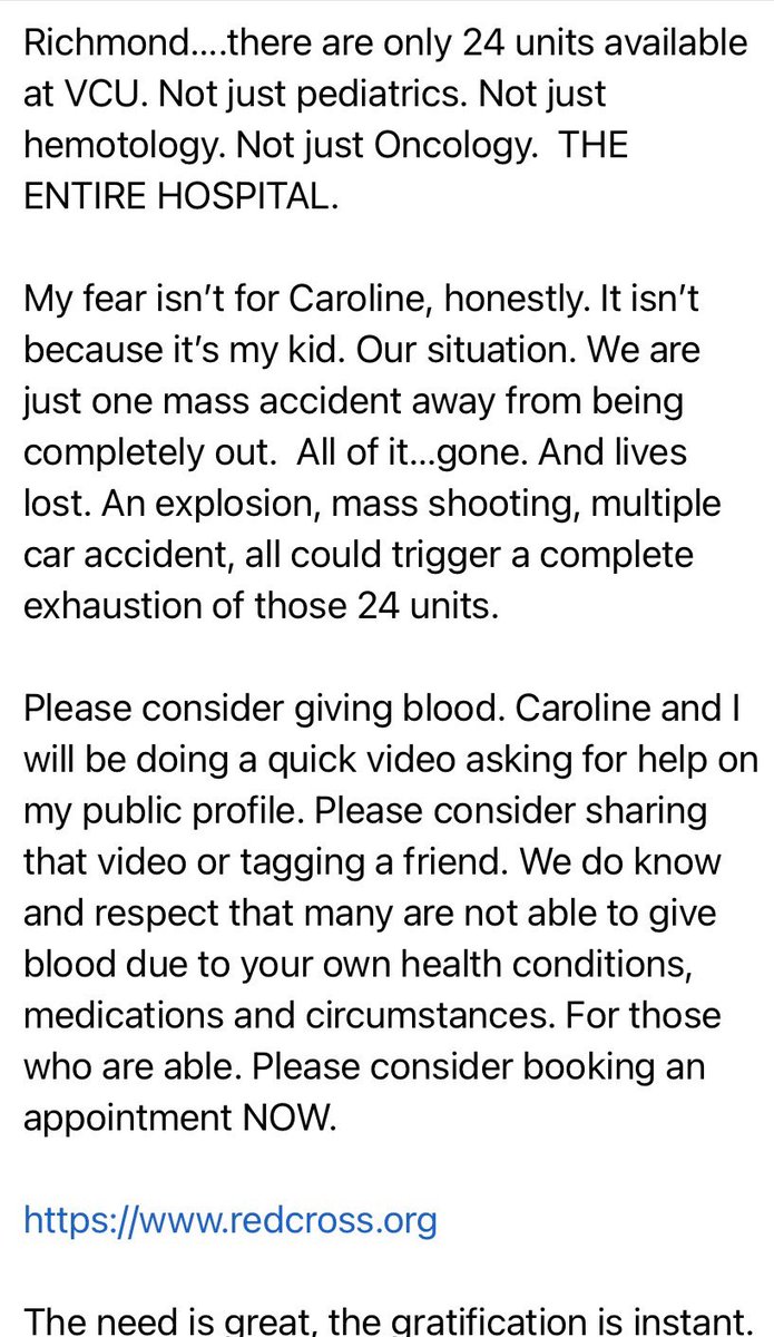 Please give blood ASAP if you can. 

The text below is from a friend whose daughter is battling leukemia. 

redcrossblood.org

<a href="/VARedCross/">Red Cross Virginia</a>