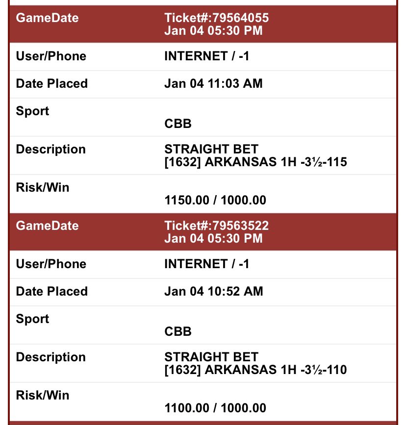 LetsMBGA's tweet image. 01/04/2022 #CBB #FREEPLAY

I expect more likes next time 😎 but here we are

$4000 Arkansas -3.5 1H

$1000 Arkansas -4.5 1H

Let’s get this #GamblingTwiitter #NCAAB #FreePicks

Bet slips included

$25 giveaway if this pick wins. 
Like/RT to be eligible 😎 picking winner tonight