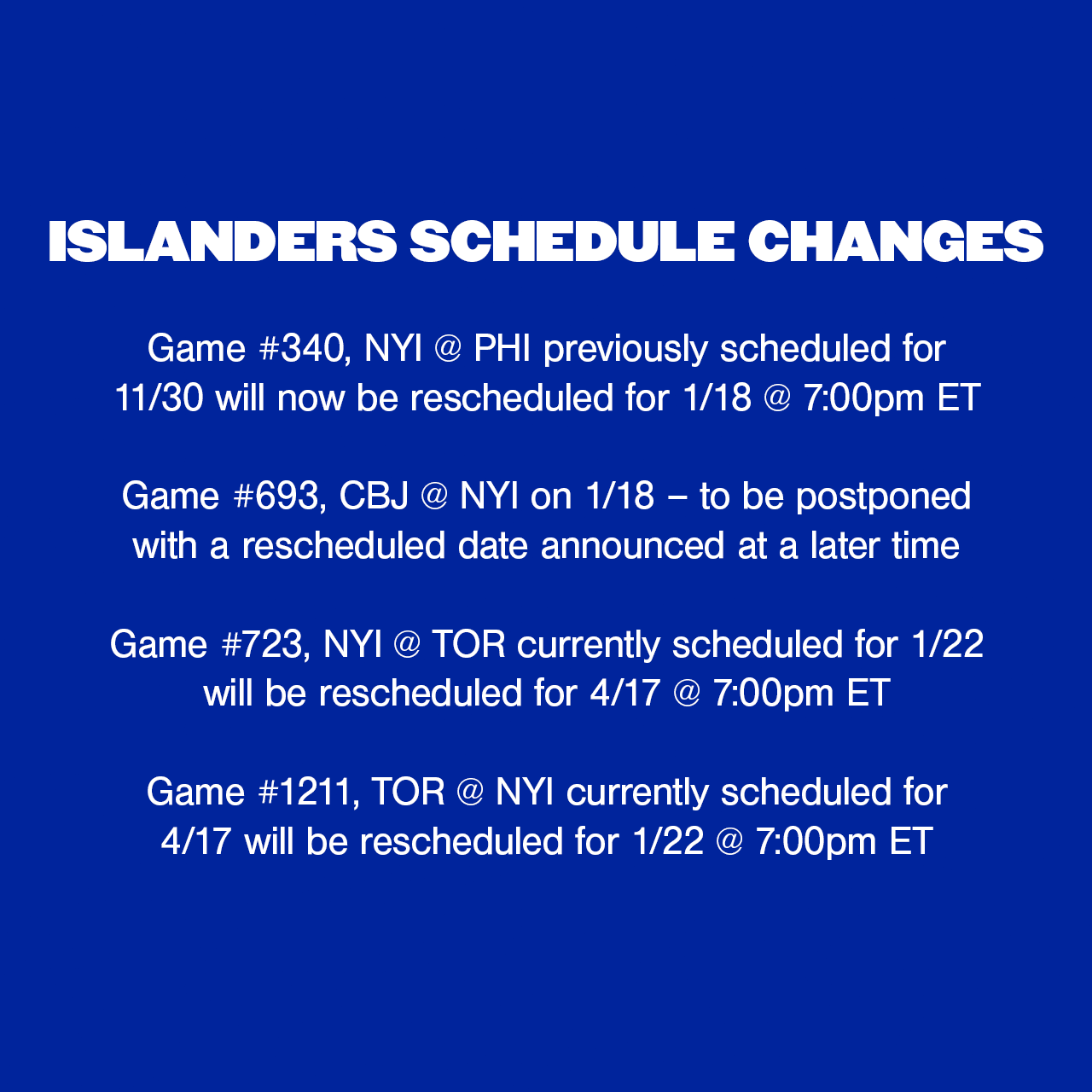 An Updated Look at the Islanders Schedule After Today's Postponement