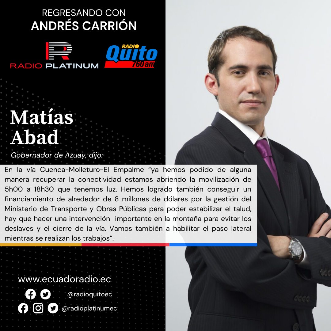 #RegresandoConAndrésCarrión de #lunes a #viernes de 16h00 a 19h00. Sintonízanos por <a href="/radioquitoec/">Radio Quito</a> 760 AM y <a href="/radioplatinumec/">Radio Platinum</a> 90.9 FM.
Escucha el #podcast completo en nuestra página web: ecuadoradio.ec