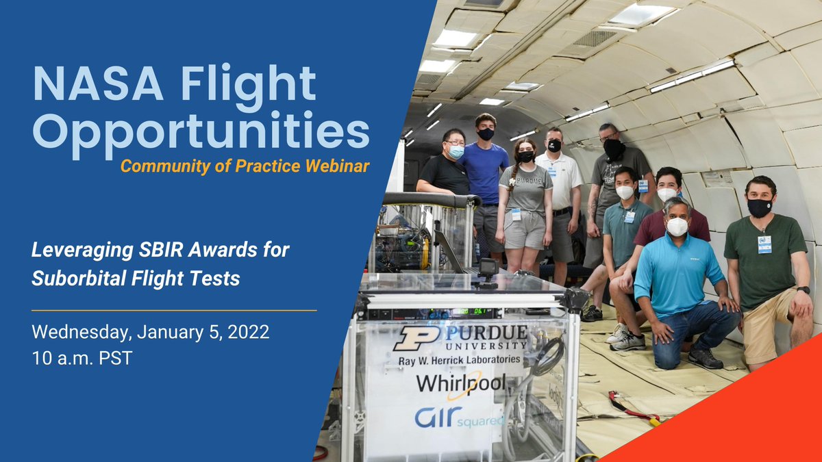 NASA_Technology's tweet photo. Find out how a team from #smallbiz Air Squared, Inc. &amp; @NASA_Johnson leveraged a small business award to test their tech in microgravity with the help of our Flight Opportunities program.

⏰Don't miss this informative webinar on Jan. 5 at 1 p.m. ET: https://t.co/lPWXR32FsH https://t.co/phhoCJRiys
