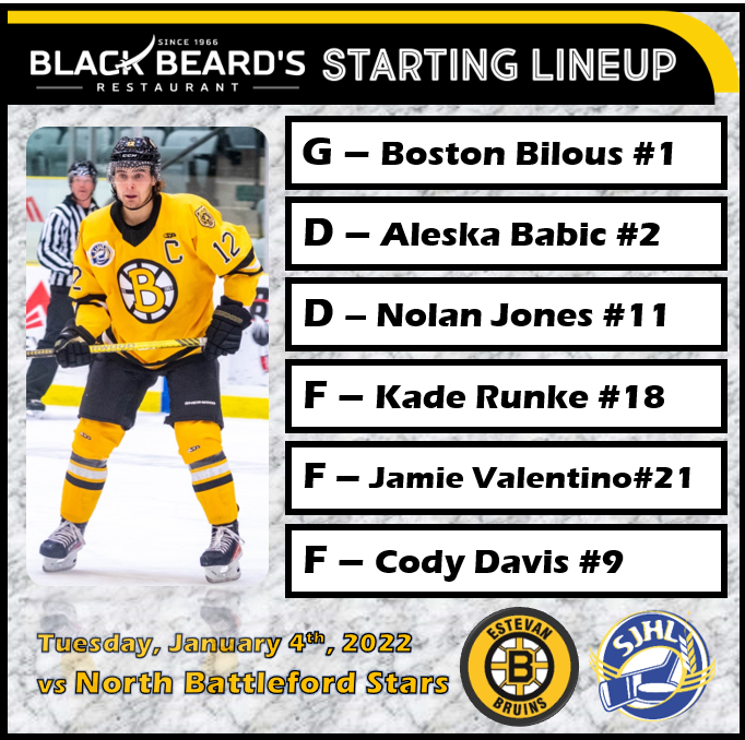 estevanbruins's tweet photo. Here is you Black Beard's Starting Line up!
Game time in only 2 Hours Away!
Watch on the Hockey TV App or Tune into Rock 106.1 #firstgameoftheyear #awaygame #hockeyroadtrip https://t.co/9AyOYbGWmE