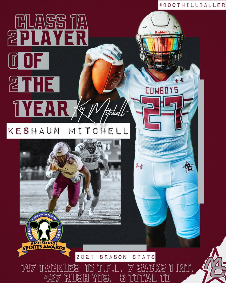 Congrats to <a href="/KeshaunMitchel2/">Keshaun Mitchell</a> on being named Florida Dairy Farmers Class 1A Player of the Year! Well deserved honor for a player that not only plays the game the right way but is a model student and young man!

#BootHillBaller |#MADCO |#CURDOG