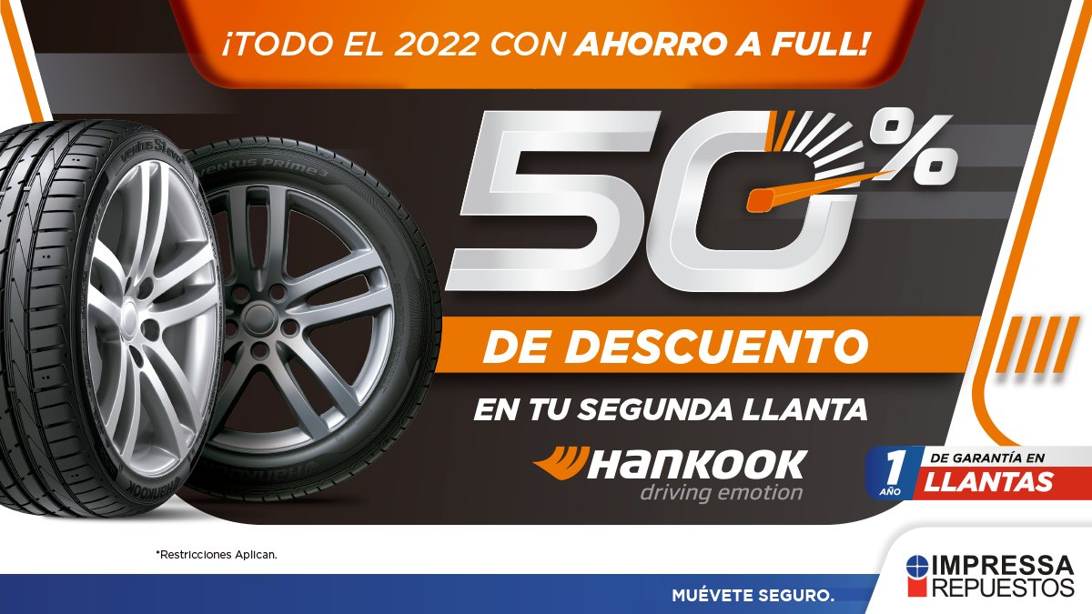 IMPRESSAREP's tweet image. ¡Arranca el año con llantas Nuevas! 😎 APROVECHA 50% de descuento en tu segunda llanta Hankook 🚘 Cotízalas al 2278-9999 o por WhatsApp: bit.ly/3uxLJ10

🔷Promoción del 1 al 31 de enero 2022
🔷Ver restricciones: bit.ly/2Ee6Orr