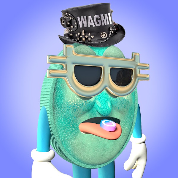 A green anthropomorphic coin has a black top hat that says 'WAGMI', Bitcoin-shaped glasses, and has a pill on its tongue.