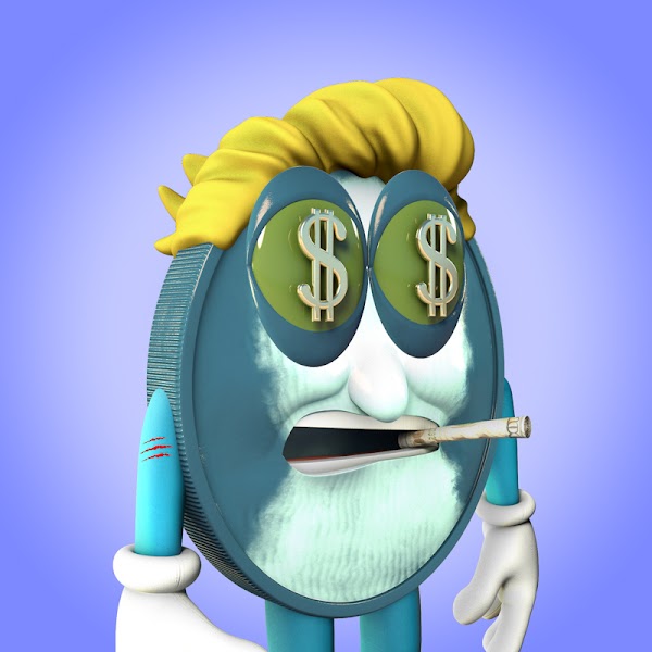 A turquoise anthropomorphic coin has yellow Trump-like hair, dollar signs for eyes, and is smoking a joint.