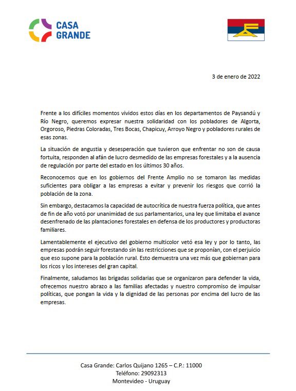 CasaGrandeCan's tweet photo. Nos solidarizamos con los pobladores de las zonas forestadas y alcanzada por los incendios en los departamentos de Paysandú y Río Negro, y la angustiante situación que tuvieron que atravesar. 

Ante los avances desmedidos de las empresas forestales, con el afán del lucro 

Hilo https://t.co/QdhRctuxFd
