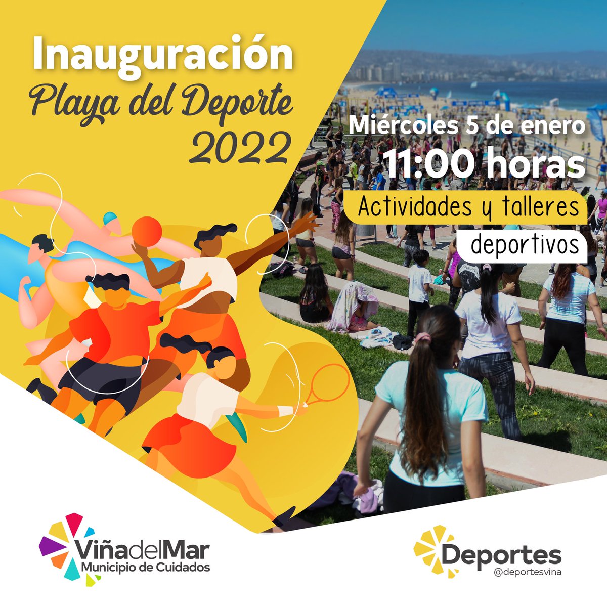 vinadelmar's tweet photo. ☀️ Damos inicio a una temporada de verano con actividades y talleres abiertos para todas y todos en la Playa del Deporte. Te invitamos a disfrutar de las diferentes instancias para realizar deporte en comunidad este verano en Viña del Mar 🚴🏼‍♂️

#DeportesViña https://t.co/4vMfDwXl5h