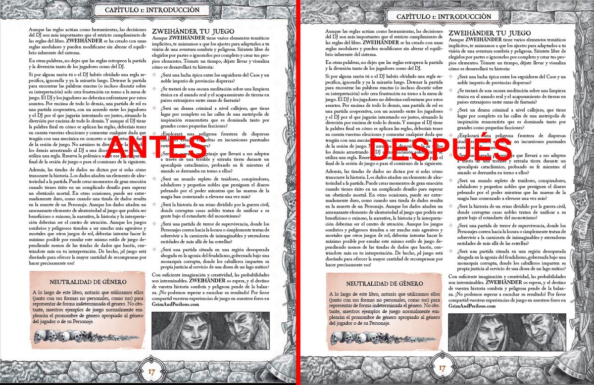 igarol's tweet photo. Vamos lanzando cosas nuevas como #MainGauche o el segundo número de #PLEBEYOS, pero no descuidamos ir revisando las que ya están... preparando actualización del básico de #ZweihanderRPG en la captura, el tema de los bordes que se cortaban... esperamos poder tenerlo pronto. https://t.co/A5mTerxlyt