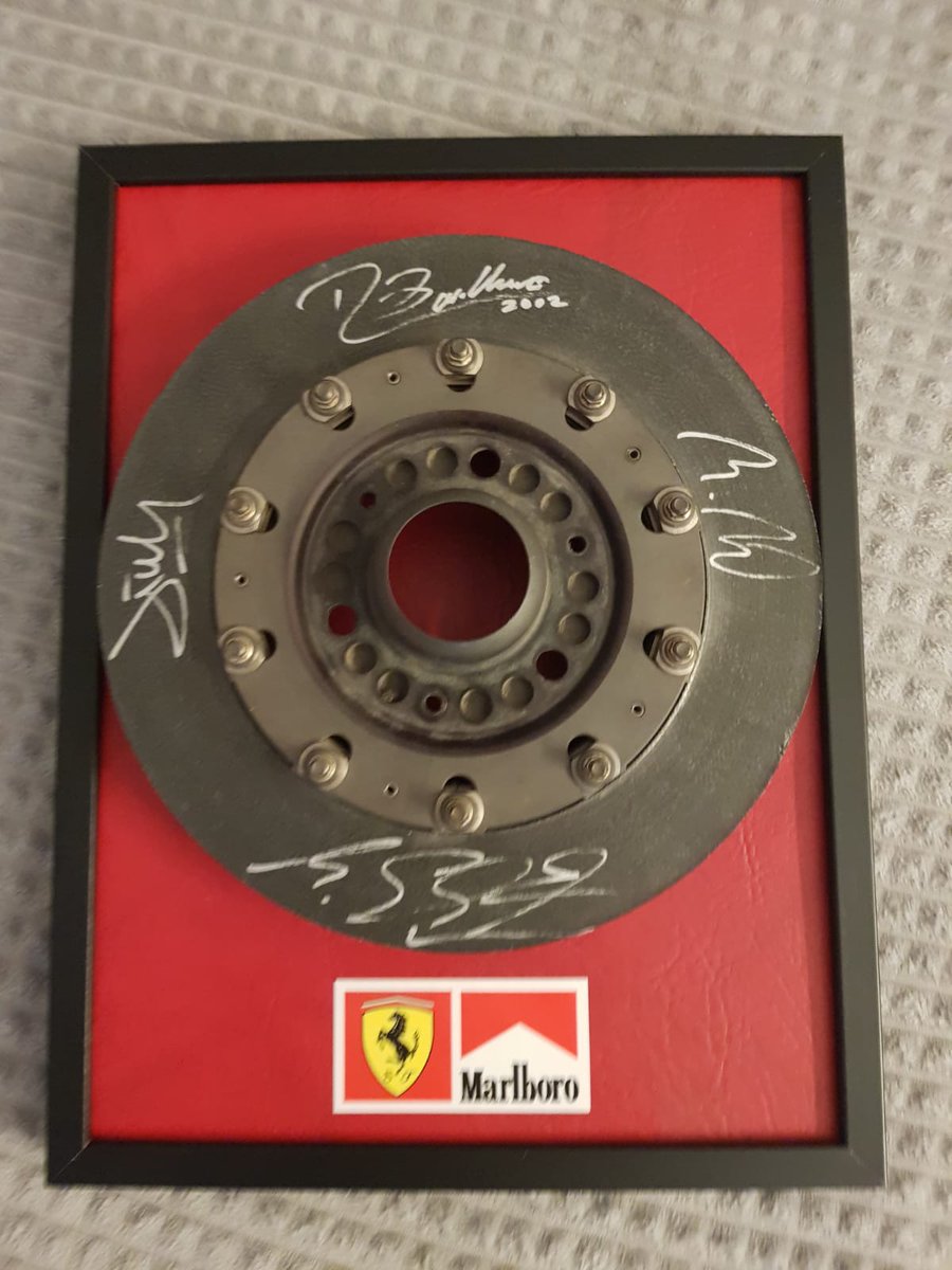 MemorabiliaExp's tweet photo. 2002 Michael Schumacher Ferrari brake rotor signed

Michael Schumacher Ferrari brake rotor used on the Ferrari F2002 during the 2002 season.

Signed by Michael Schumacher, Rubens Barrichello, Jean Todt and R. Brown.

Comes with a Ferrari CoA. Price upon request https://t.co/gZ4T5CeQTR