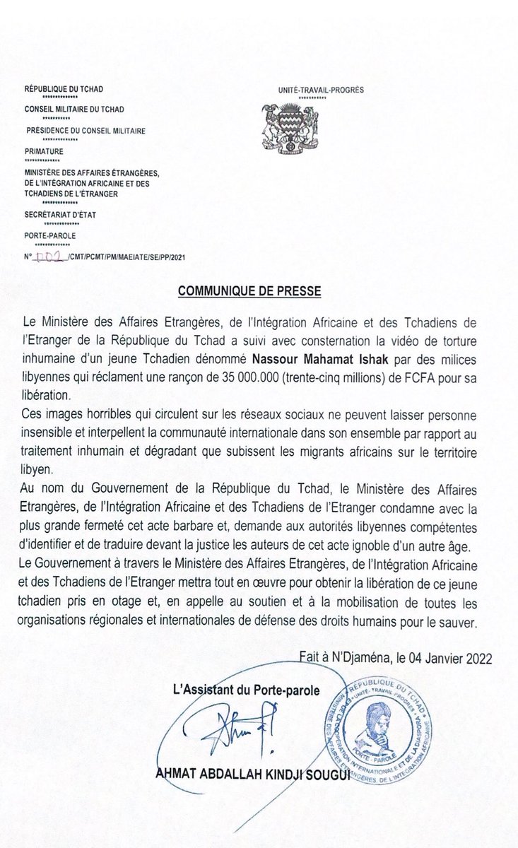 Communiqué du Ministère des Affaires Étrangères, de l’Intégration Africaine et des Tchadiens de l’Étranger suite à la vidéo de torture du jeune compatriote Nassour Mahamat Issak détenu par des milices libyennes qui réclament une rançon.