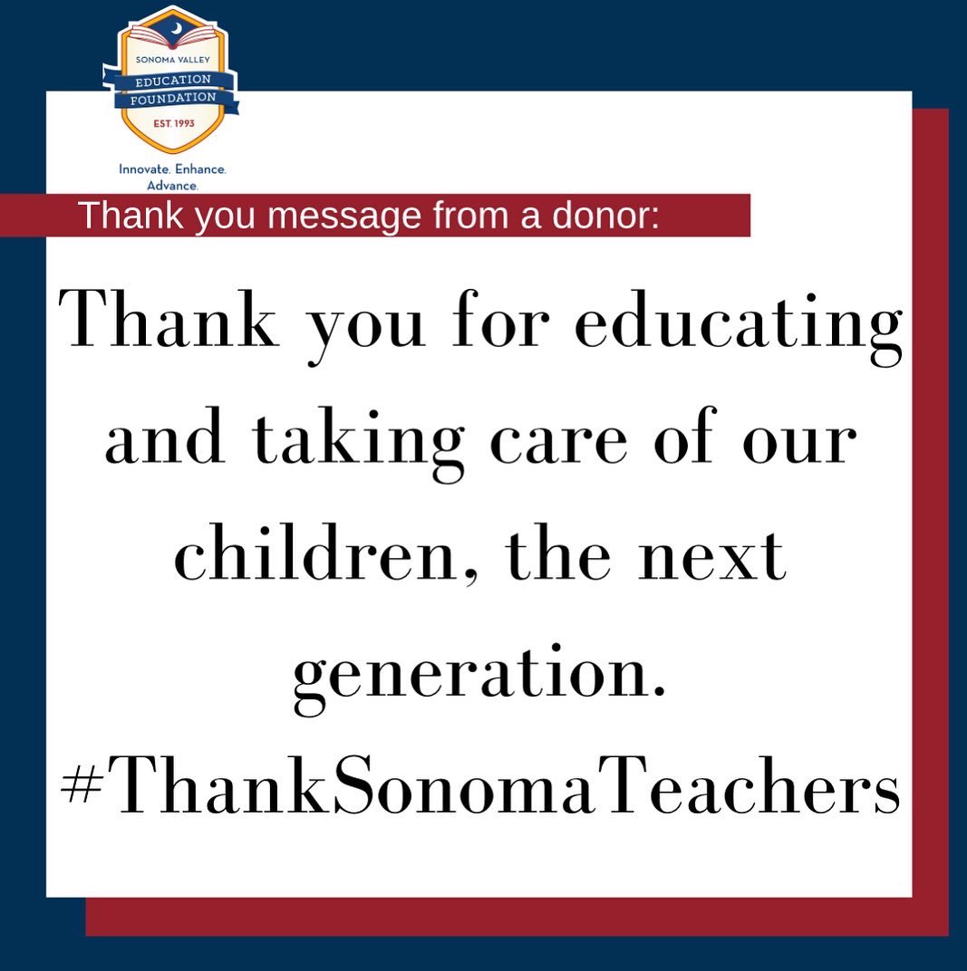 The gifts and messages of support for our Sonoma Valley teachers continue to roll in Thank you for helping to make a Classroom Grant possible for a local teacher!

It’s not too late
svgreatschools.org

#tuesday
#svgreatschools
#thanksonomateachers
@reneamagnani