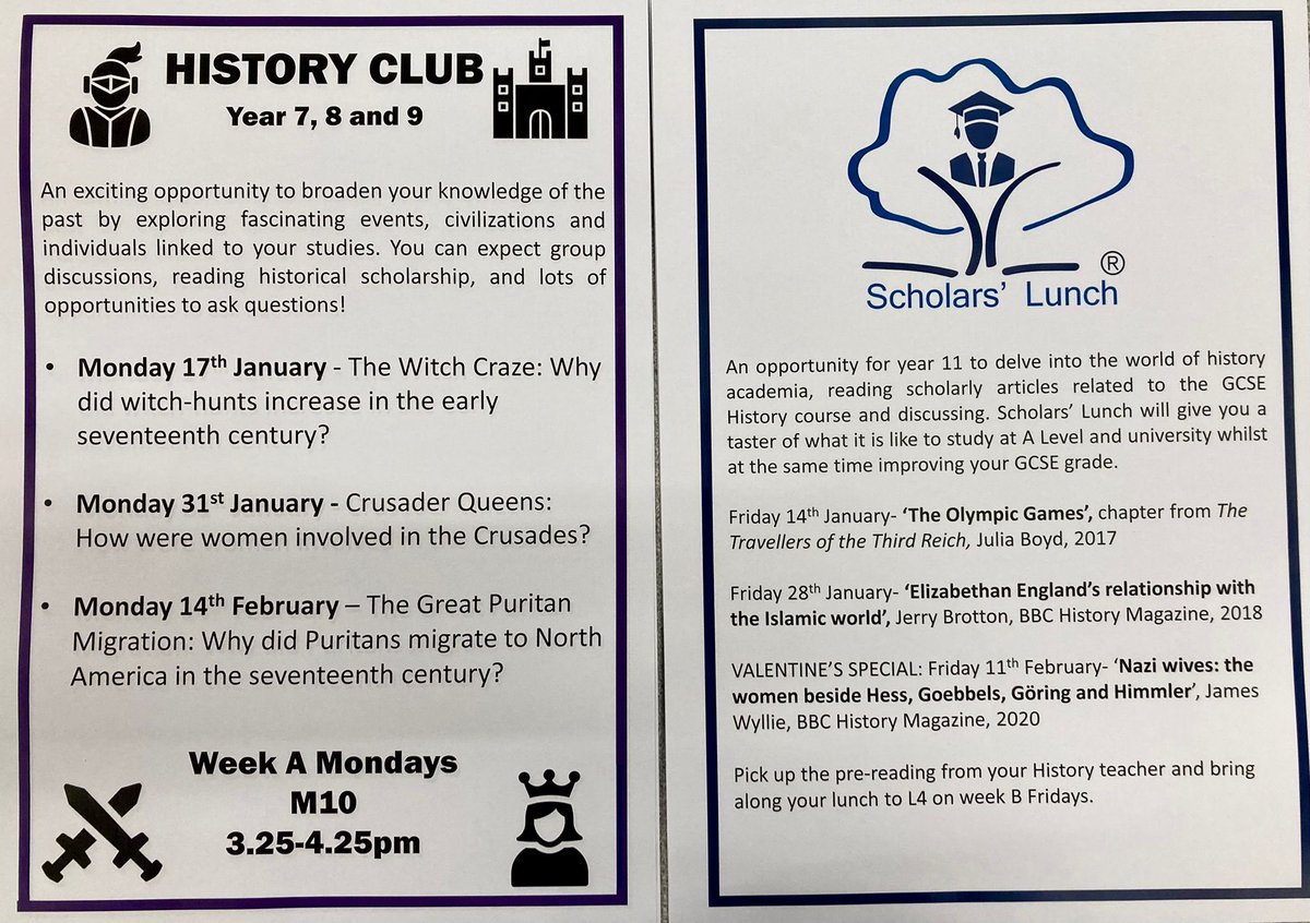 Exciting enrichment opportunities this half term with some fascinating topics coming up in KS3 History Club and Y11 Scholars’ Lunch!