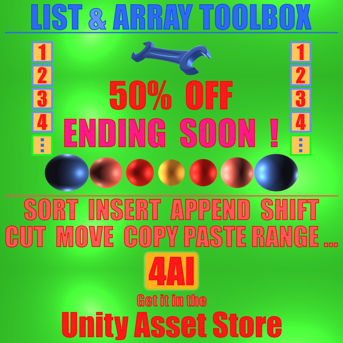 4AI3D's tweet photo. List &amp; Array Toolbox - 50% OFF - Discount ENDS soon! Buy https://t.co/t5MraKzFKo in the #Unity #AssetStore. Operations on Ranges
#unity3d #unitydev #indiedev #3D #VR #AR #XR #apps #gamedev #UnityAssetStore #UnityEditor #code #game #indiegamedev #apps #dev #developer #indiewatch https://t.co/4mcAIv1JbW