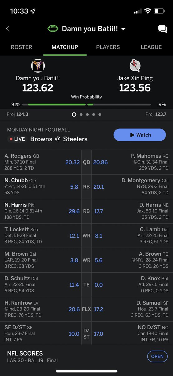 B_Rommel's tweet photo. @BarstoolBigCat Last minute unnecessary but necessary TD from Najee, won me the ship by .6 https://t.co/opZ4mi1zJe