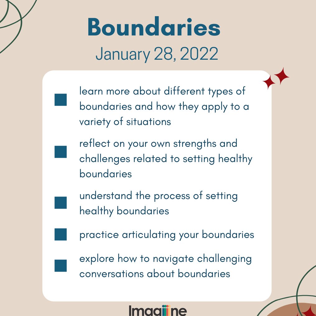 imaginelearners's tweet photo. Is one of your #intentions for 2022 to better understand and articulate your #boundaries?
Join us Jan 28 for this full day session on #healthyboundaries
Register https://t.co/14qEShyWjD
#professionalboundaries #mentalhealthyeg #relationshipbasedpractice #mentalhealth #yyc https://t.co/7rldXqZHko