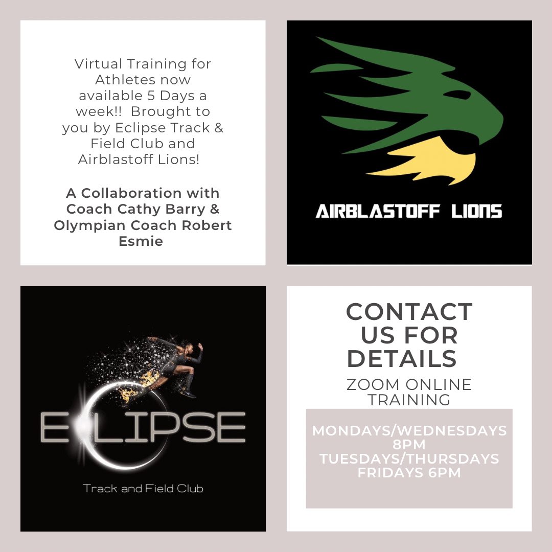 CoachCathyBarry's tweet photo. 💥💥Announcement 💥💥
Two Track &amp; Field Clubs @airblastoffsportsontario @eclipsetrackandfieldclub and two amazing coaches @speeddoctor96 @coachcathyb are bringing you Online Virtual Training 5 Days a Week!!! https://t.co/Czzk1qsvF8