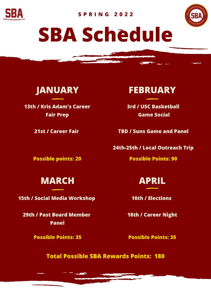 SBAatASU's tweet photo. Happy New Year Sun Devils! 🔱

Here is our Spring 2022 schedule. Our first event is only 10 days away. Kris Adam's event is a great opportunity to prepare for the upcoming career fair. You can register for the career fair through SunDevilSync. https://t.co/JFOQ1CqL0h