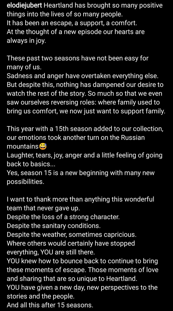 ElodieJubert's tweet photo. May be one of my longest posts on instagram 🤣
But honestly there's never enough room for me to write everything on my heart 💜
But this is a good overview of it 😊

THANKS TO MY WHOLE DREAM TEAM FOR THEIR OUTSTANDING WORK ON THE S15 OF @HeartlandOnCBC
#iloveheartland https://t.co/fXCK9pOlbD