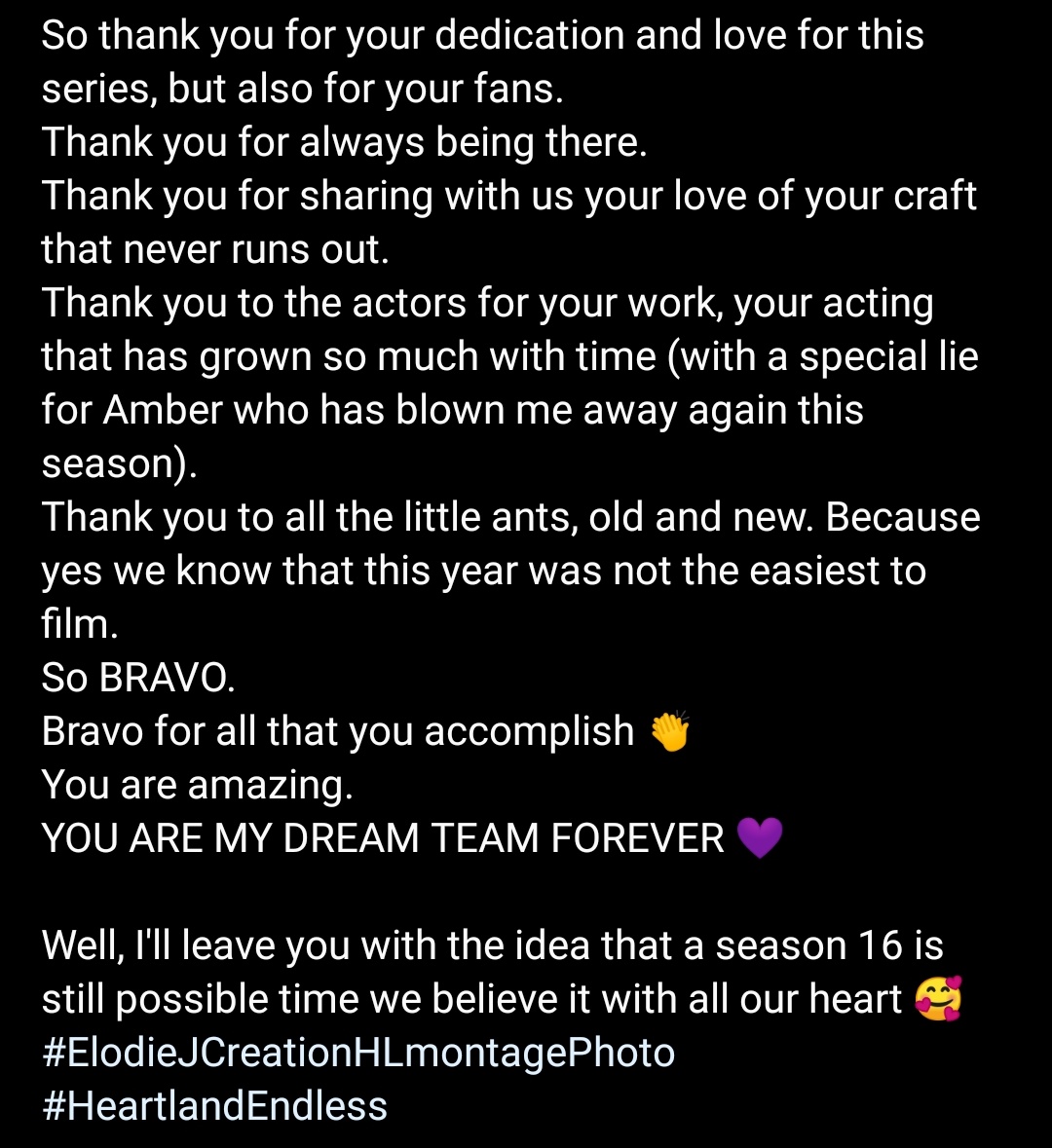 ElodieJubert's tweet photo. May be one of my longest posts on instagram 🤣
But honestly there's never enough room for me to write everything on my heart 💜
But this is a good overview of it 😊

THANKS TO MY WHOLE DREAM TEAM FOR THEIR OUTSTANDING WORK ON THE S15 OF @HeartlandOnCBC
#iloveheartland https://t.co/fXCK9pOlbD