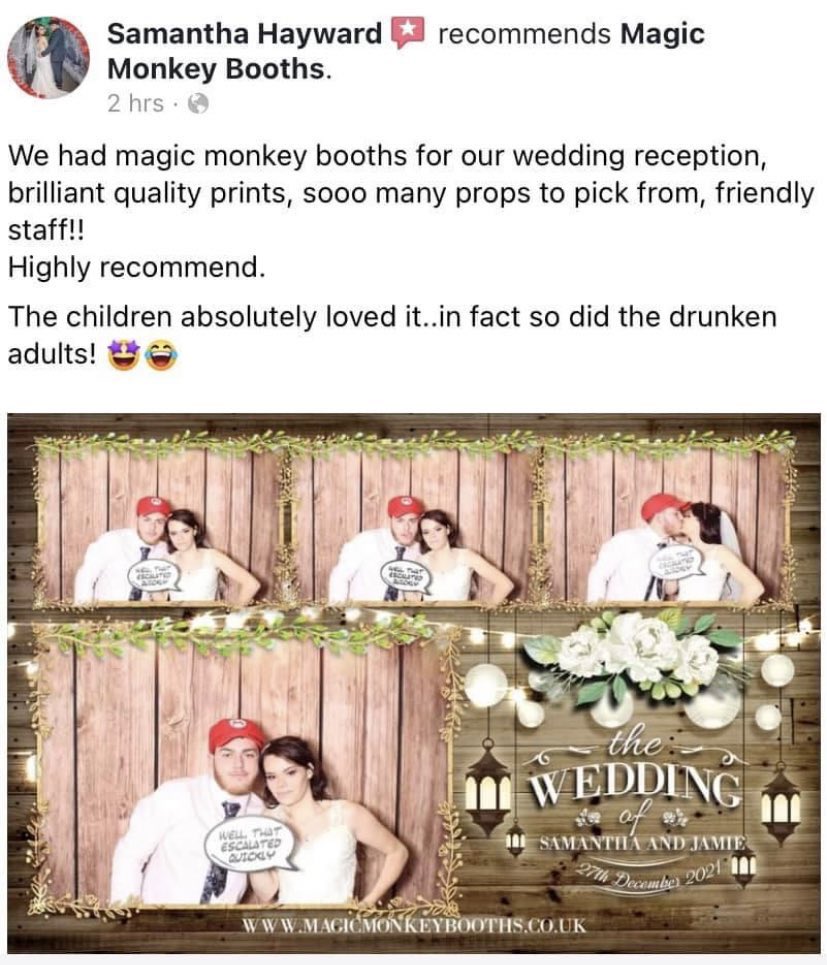 It’s another fabulous review form Mondays wedding and what a fabulous night it was. If you are planning your #wedding or #party head over to our website to see how we can help you in 2022/2023 magicmonkeybooths.co.uk