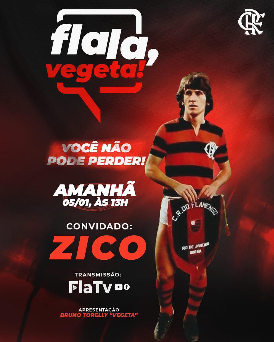 Flamengo's tweet photo. É amanhã, Nação! 

O “Flala, Vegeta!” é com o Rei Zico e vai ao ar às 13h na FlaTV! Fique ligado! 

#CRF https://t.co/OZseDJaVY7